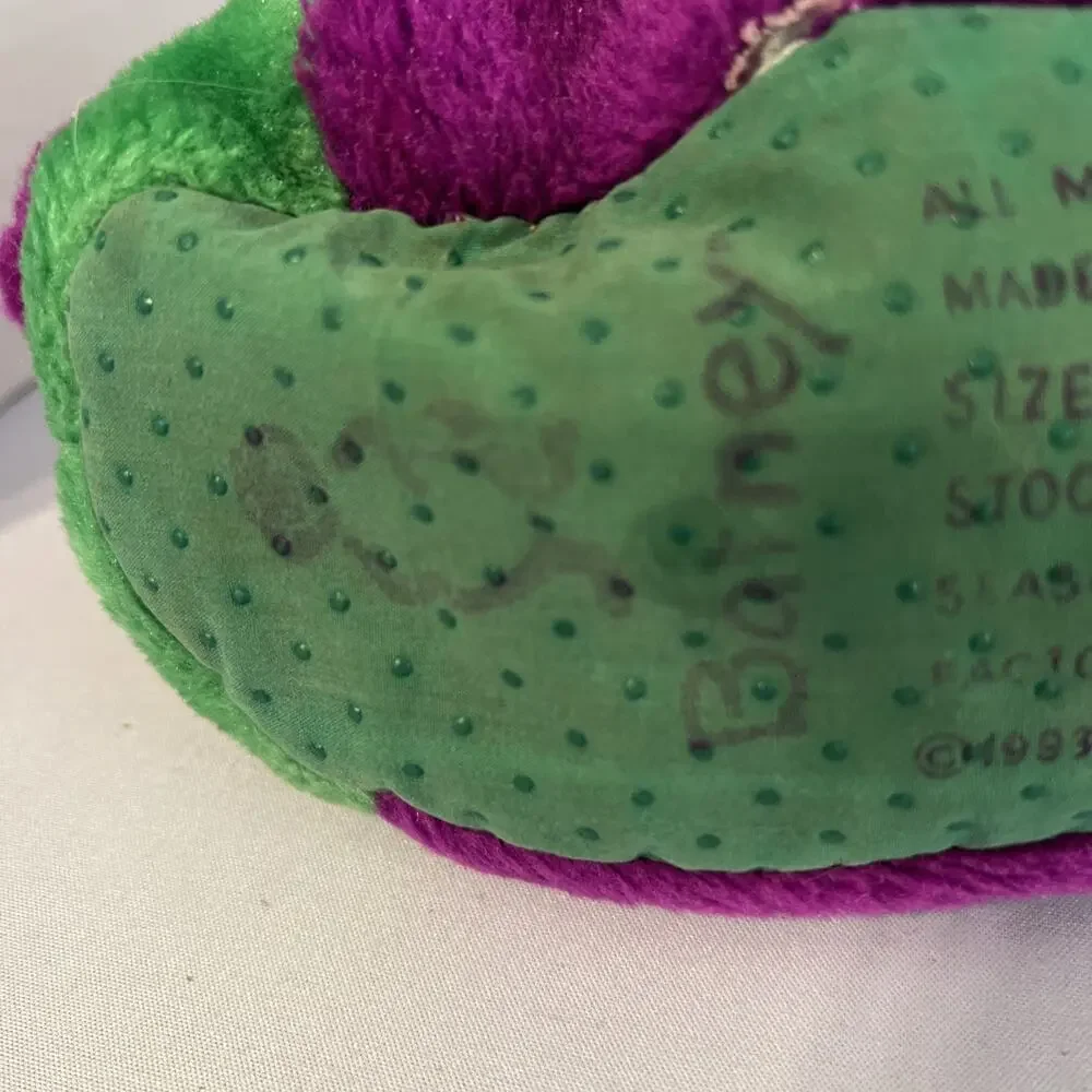 Vintage Barney Dinosaur Plush Slippers Purple Green Kids XL 11–12 1993